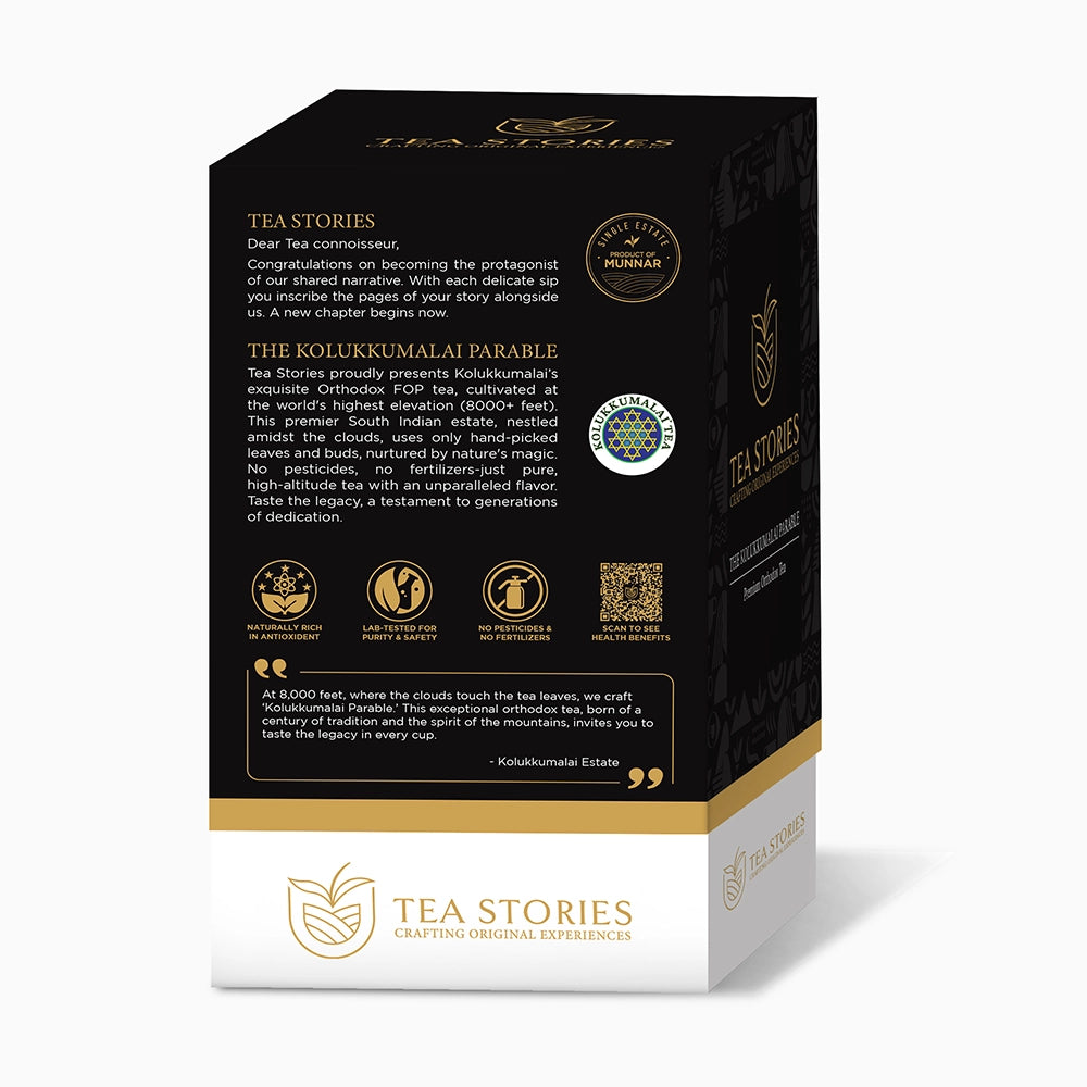Kulukkumalai Parable packaging — elegant blend of design and tea identity.